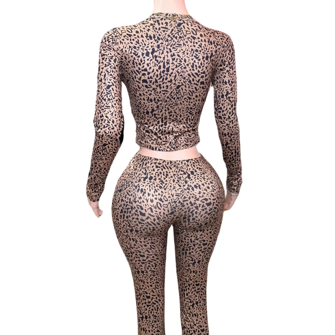 FAGADOER Fashion Leopard Print 2 Piece Sets Women Outfit Long Sleeve Crop Top + Low Waist Skinny Pants Suits Female Streetwear