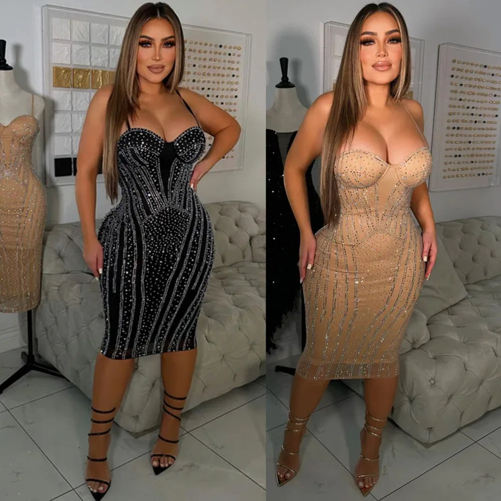 Rhinestone Mesh Sleeveless Mini Party Dress for Women