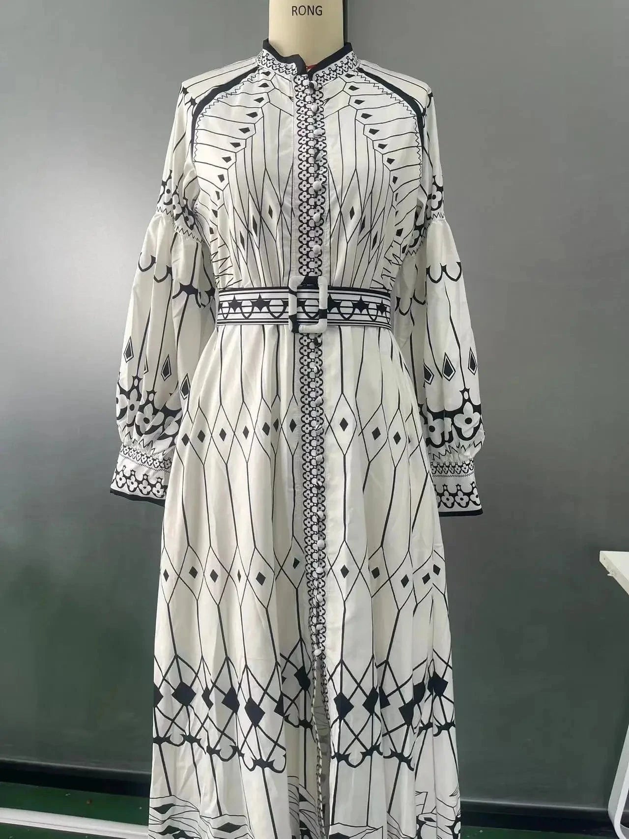 Retro Elegant Stand Collar Long Dress Women Spring Pattern Print Belted Buckle Party Dress Autumn Long Sleeve A-Line Boho Dress