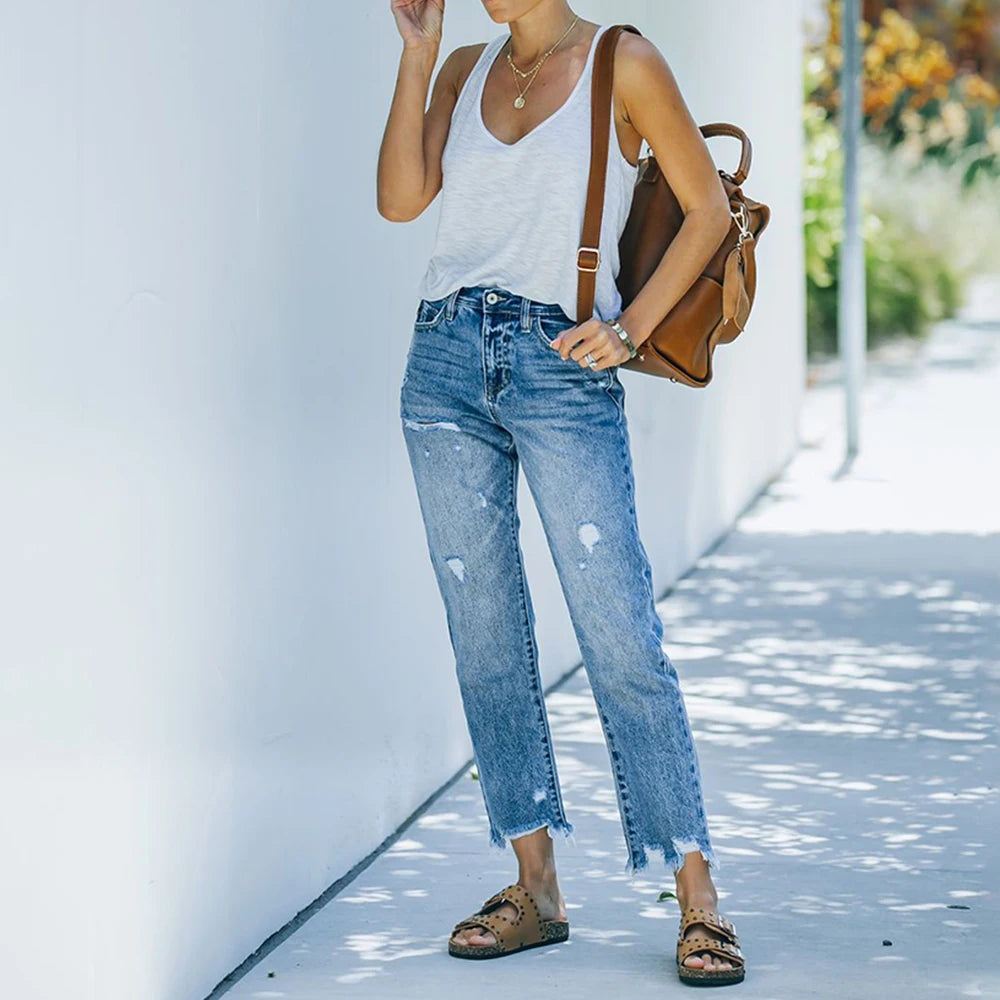 High Waist Ripped Denim Women Trousers Fashion Pants Casual Slim Cropped Straight Jeans Female Clothing S M L XL XXL