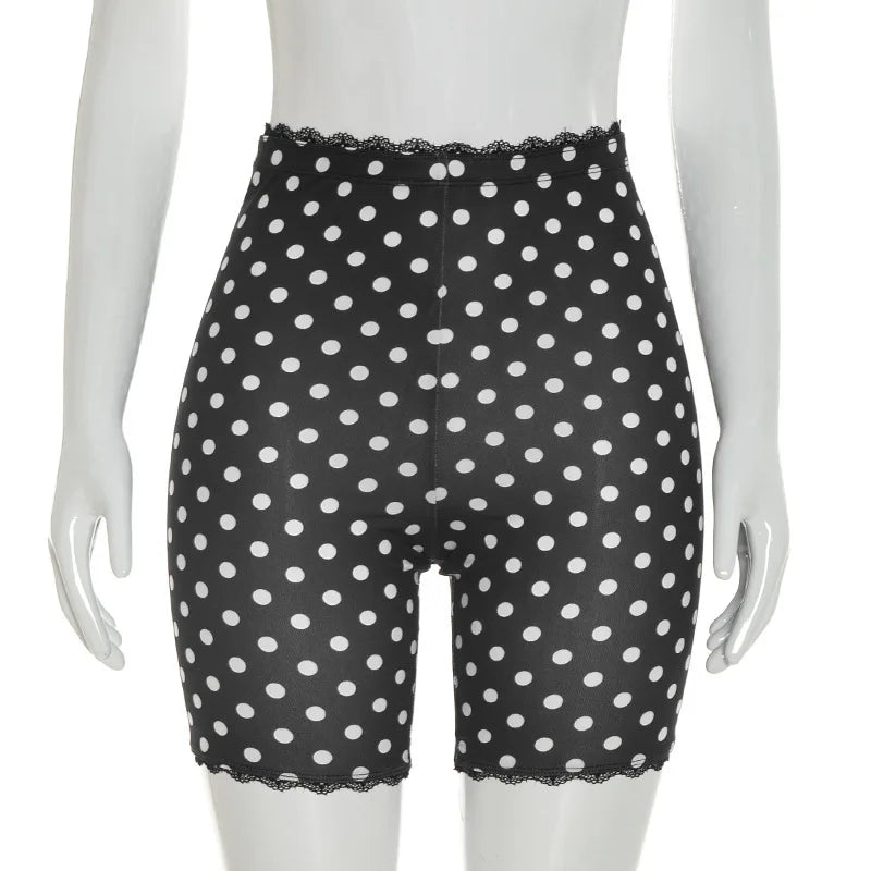 Polka Dot Lace Edge Stretchy Moto Biker Shorts for Women