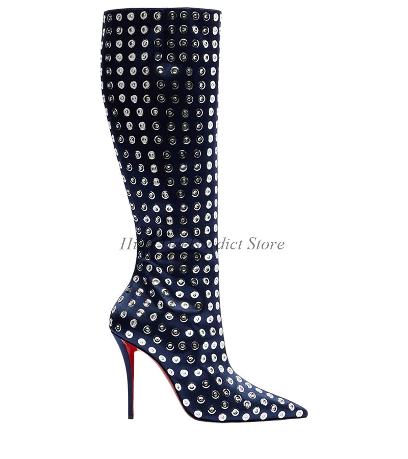 Deep Blue Studded Leather Knee High Boots for Women