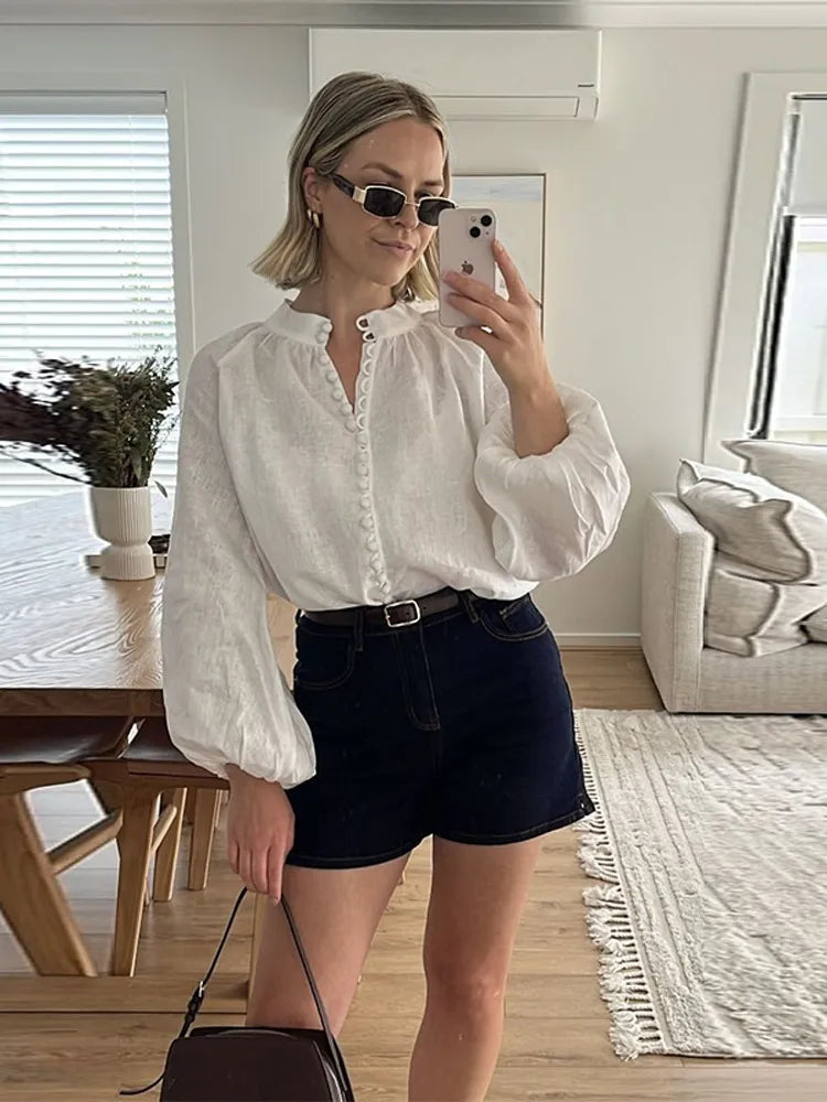 Elegant White Stand Collar Puff Sleeve Blouse for Women