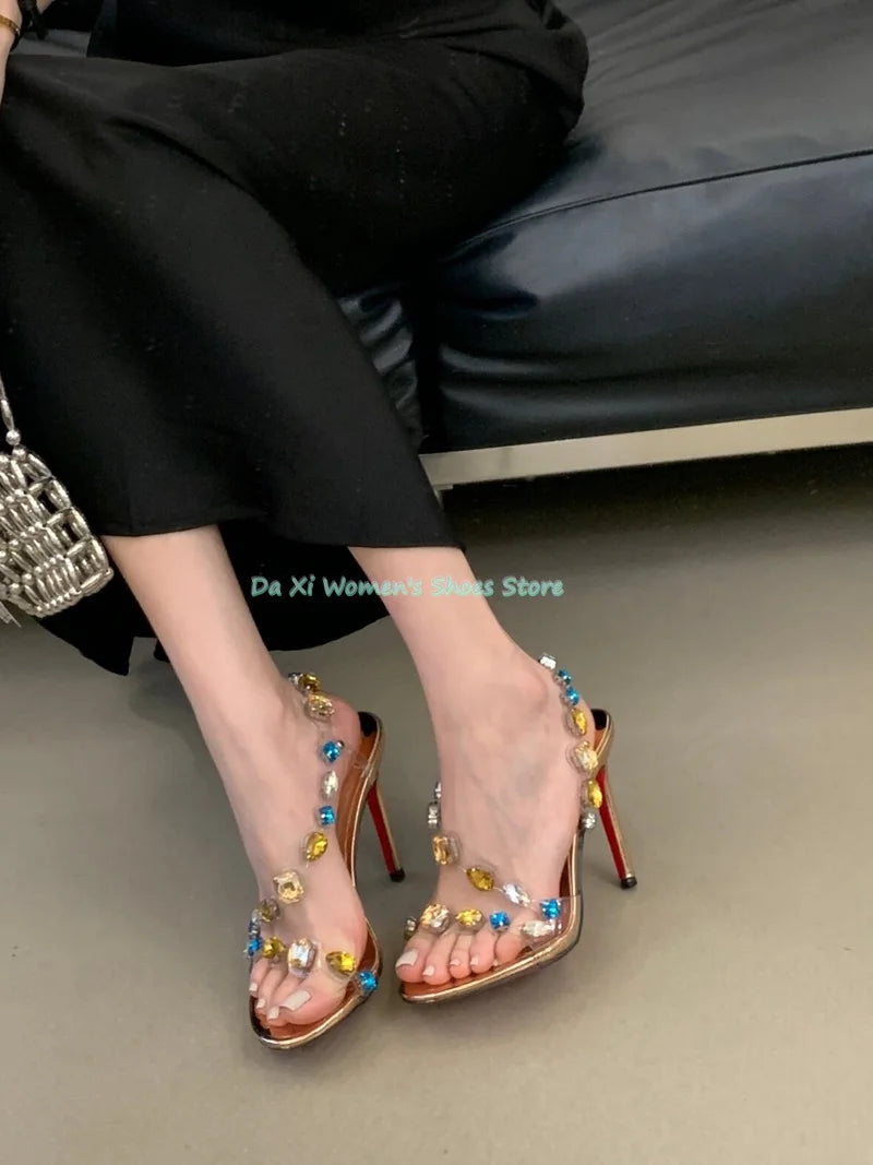 Gemstone Embellished Stiletto Sandals With Buckle Strap For Women