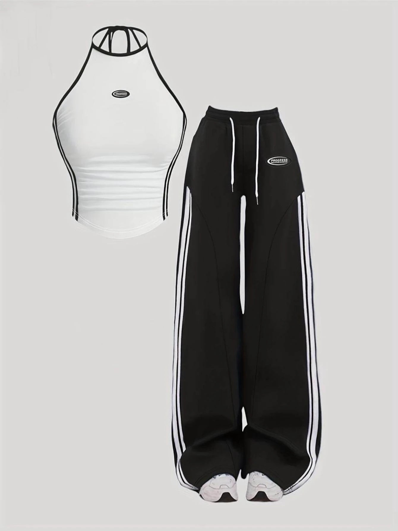 Women Halter Striped Crop Top And Drawstring Wide Leg Pants For Sporty Streetwear Gym And Daily Casual Occasion