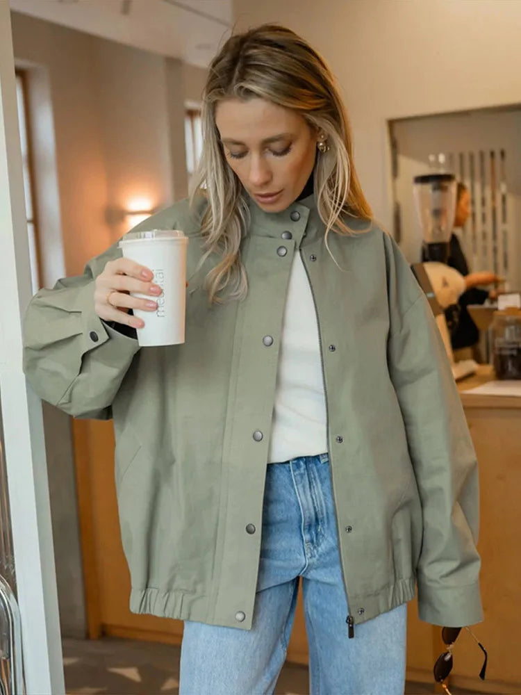 Elegant Stand Collar Single Breasted Jacket for Women