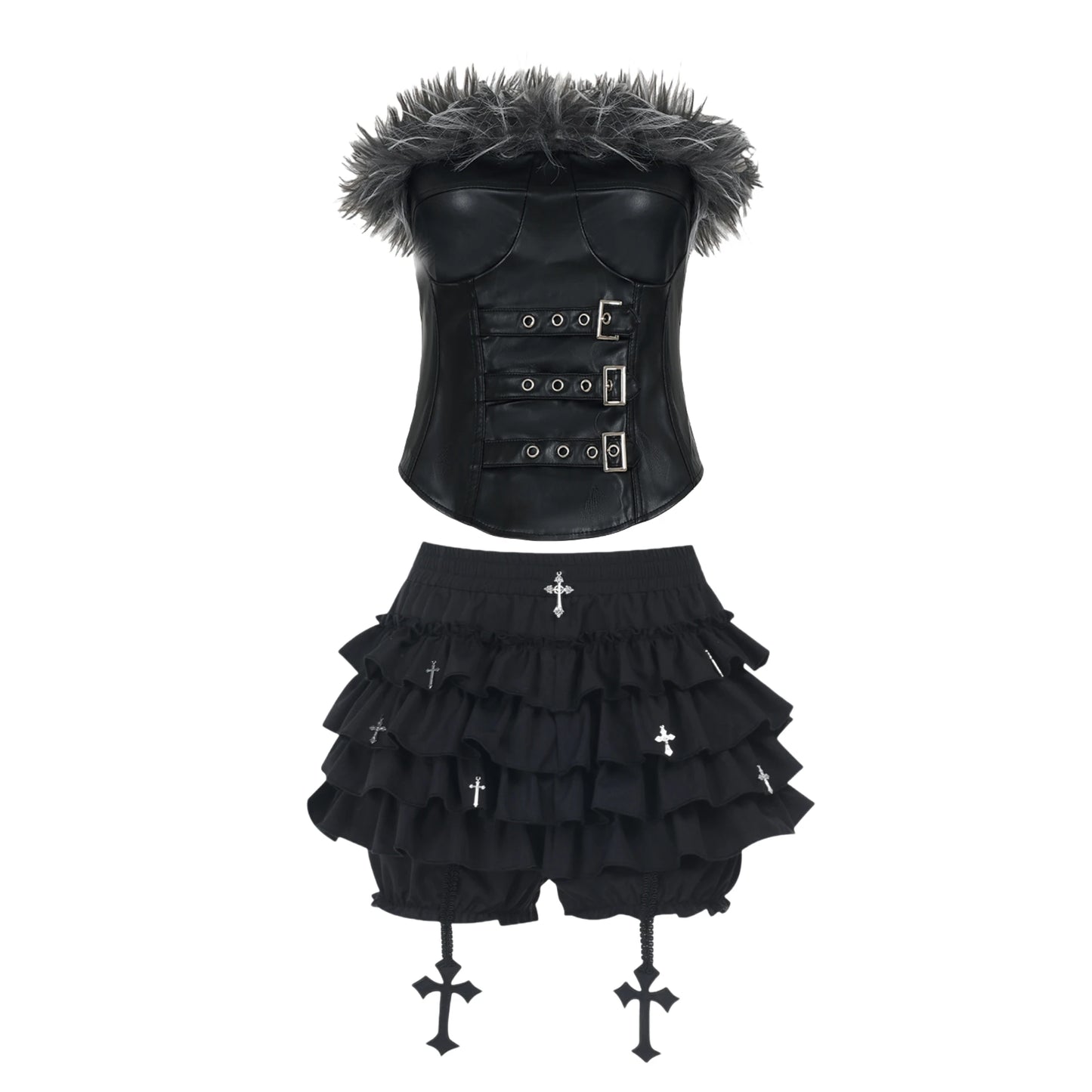 FAGADOER Punk Gothic Sexy Fur Leather Patchwork 2 Pieces Set for Woman Sleeveless Backless Tops and Bubble Puff Skirt Streetwear
