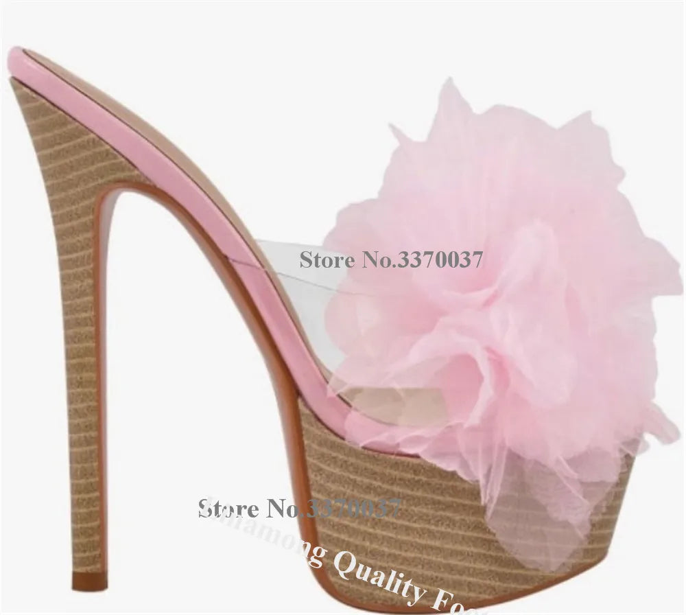 Pink Flower Embellished Open Toe Stiletto Sandals with Ankle Strap for Women