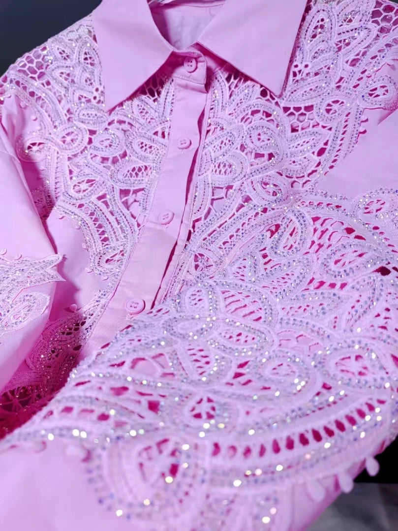 Luxury Bling Sequins Embroidery Pink Blouses Shirts for Women 2025 Autumn Lantern Sleeve Outwear Tops Camisas De Mujer