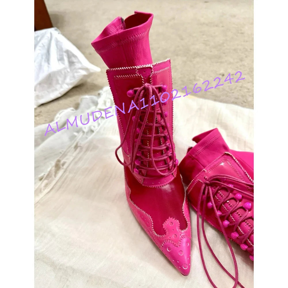Pink Mesh Pointed Toe Lace Up Stiletto Ankle Boots for Women