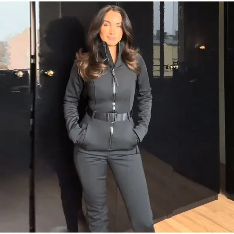 Women's Jumpsuit Loose Stand Collar Thicken Jackets Pants Sets Belt 2 Pieces Female Winter Woman Snowsuit Outfits For Outdoor