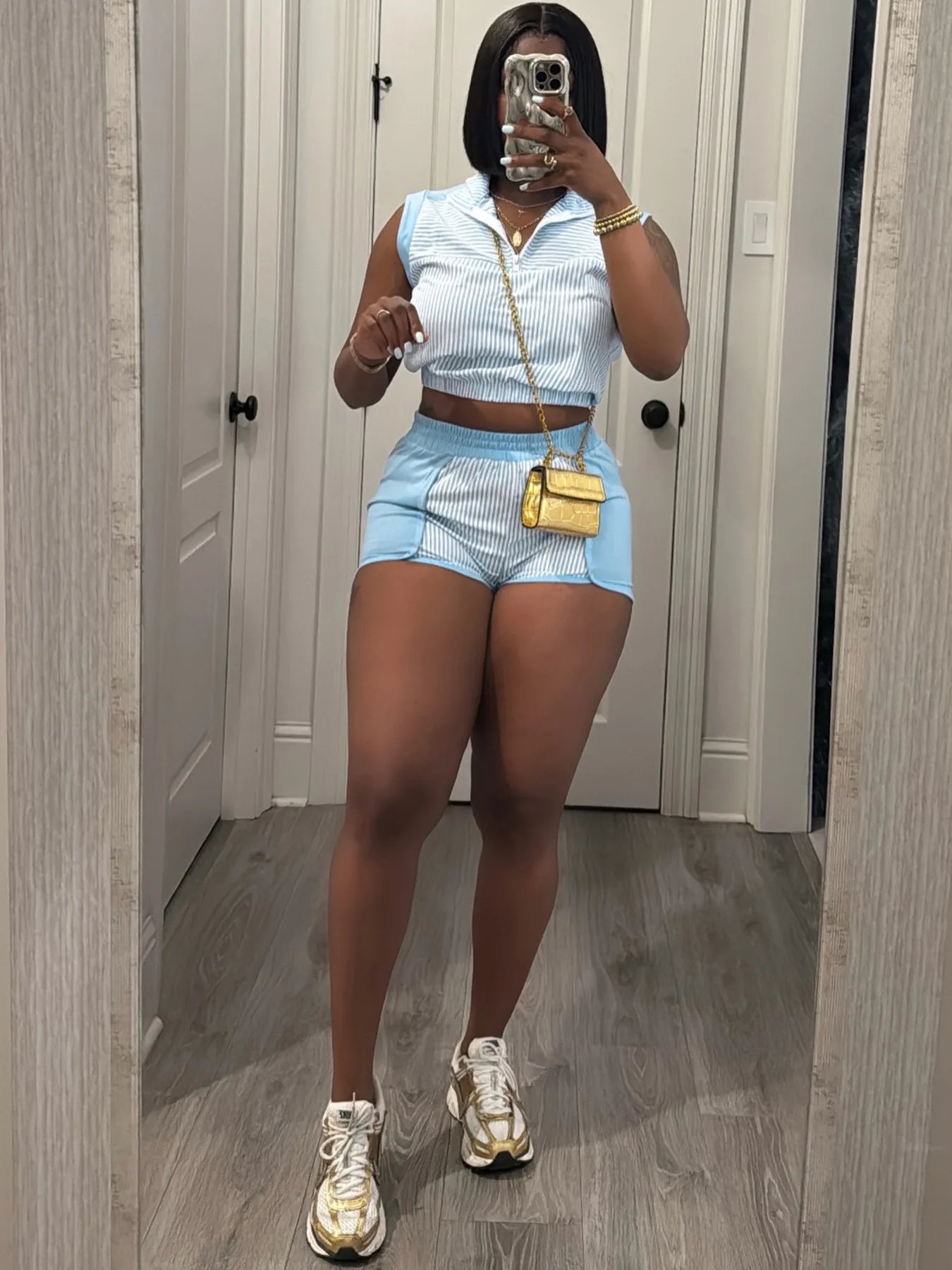 Striped Patchwork Crop Top and Shorts Set for Women