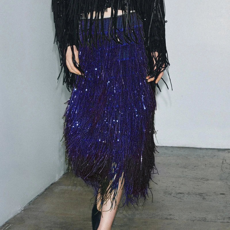 Fashion Lapel Button Shirt & Fringed Skirt Set Women Casual Long Sleeve Party Skirt Outfits Elegant Sequined Long Skirt 2Pc Suit