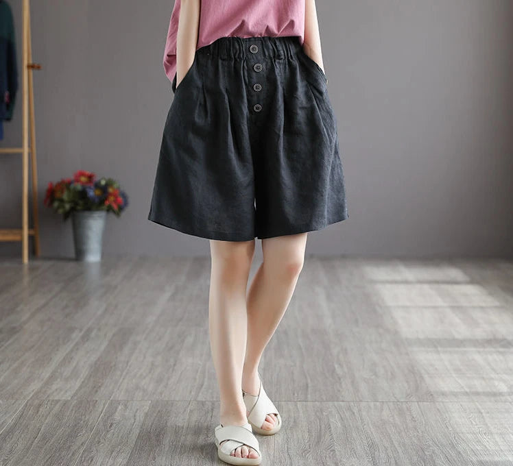 Short Pants Woman Bermuda with Waist Pocket Knee Length Mid Cotton Half Shorts for Women Elastic Linen Trend 2025 Kpop Wholesale