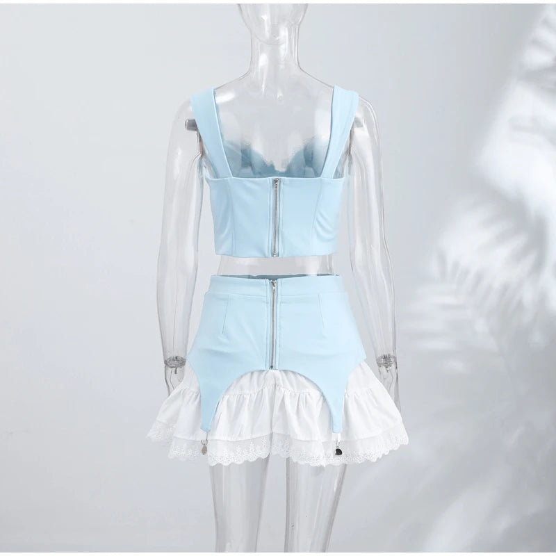 Patchwork Lace Sleeveless Mini Skirt And Camisole Set for Women