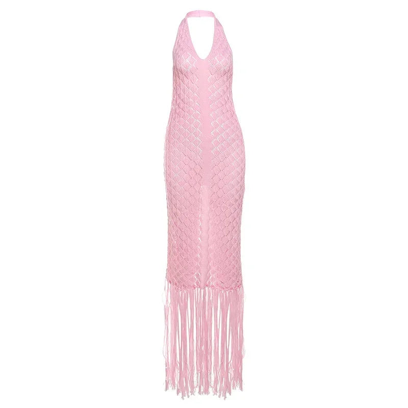 Elegant See Through Crochet Tassel Halter Dress for Women
