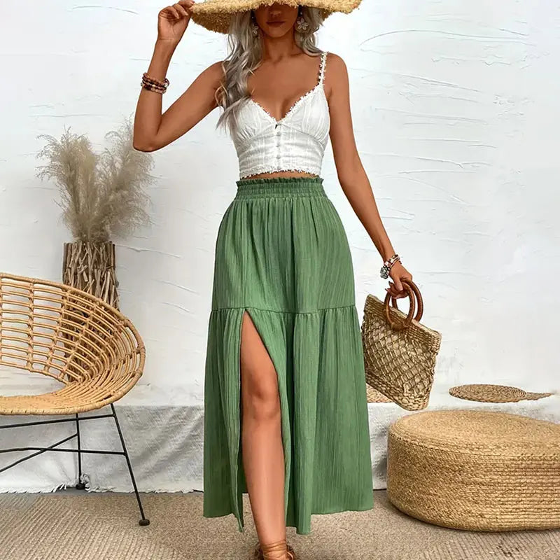 New Women Skirt Fashion Bohemian Midi Skirt High Waist Solid A Line Ruffle Skirt Casual Side Slit Beach Skirts 3 Colors Skort