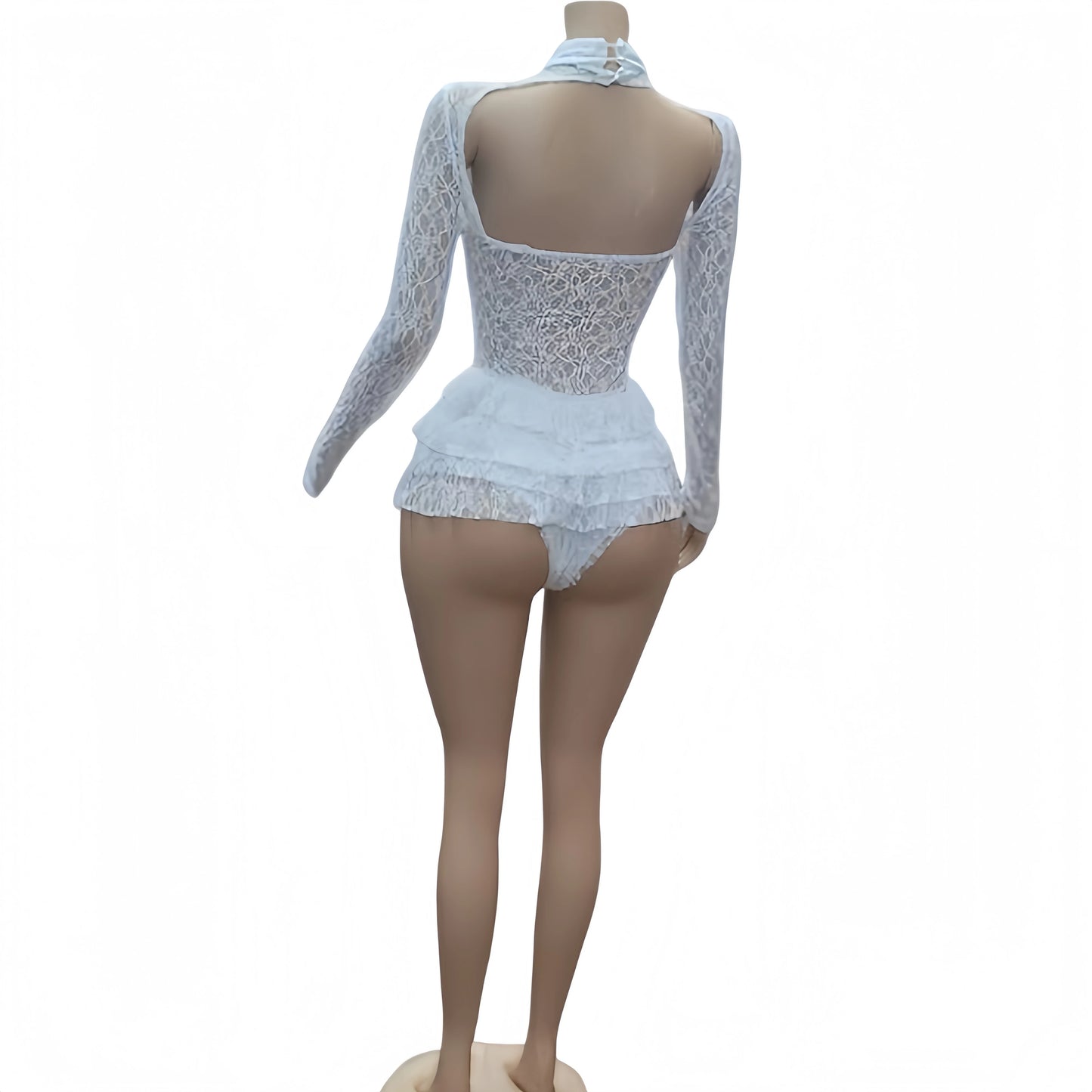 FAGADOER Sexy Lace Ruffle Patchwork Bodycon Romper Woman See Through Long Sleeves One Piece Jumpsuits Female Nightclub Overalls