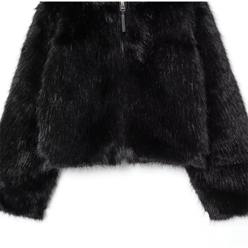 Winter Warm Hooded Faux Fur Long Sleeve Coat with Zipper for Women