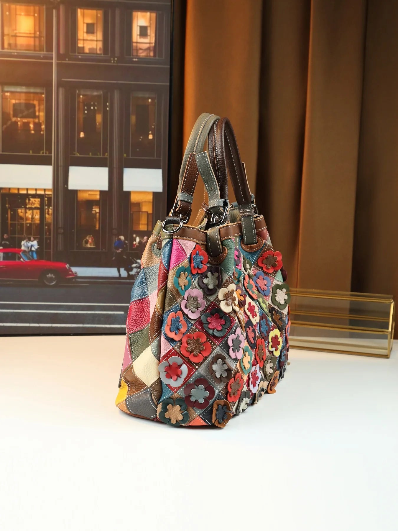 ABQP New Women's Handbag Made of Genuine Leather Hand Woven Women's Single Shoulder Crossbody Bag Color Spliced Women's Bag
