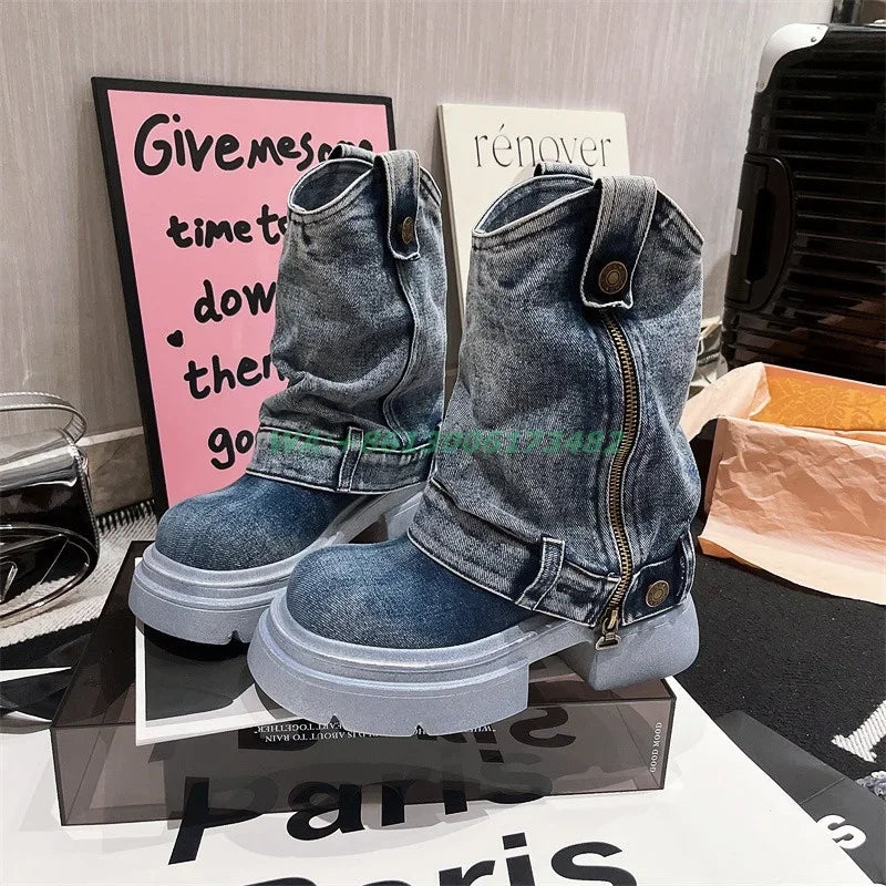 Design Women High Platform Sole Denim Flat Ankle Boots Lady Jeans Ankle Boots Platform Flat Denim Boots