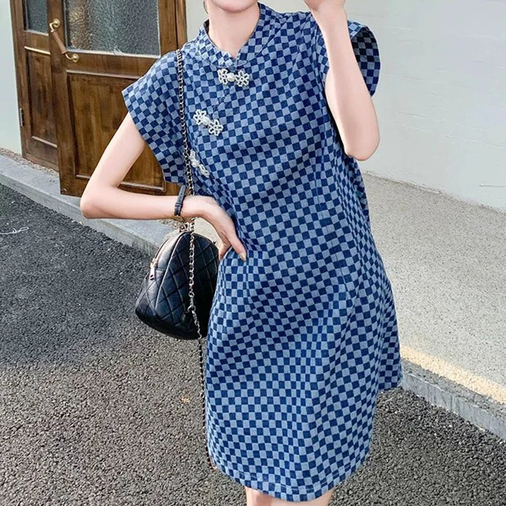 Checkered Ethnic Style Summer Lightweight A Line Dress for Women