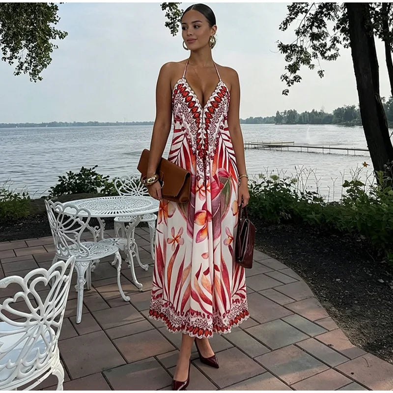 Beach Print Halter Neck Backless Long Dress for Women