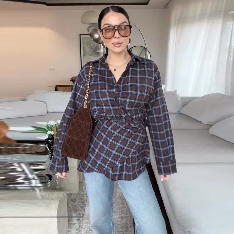 Elegant Plaid Patchwork Long Sleeve Shirt for Women