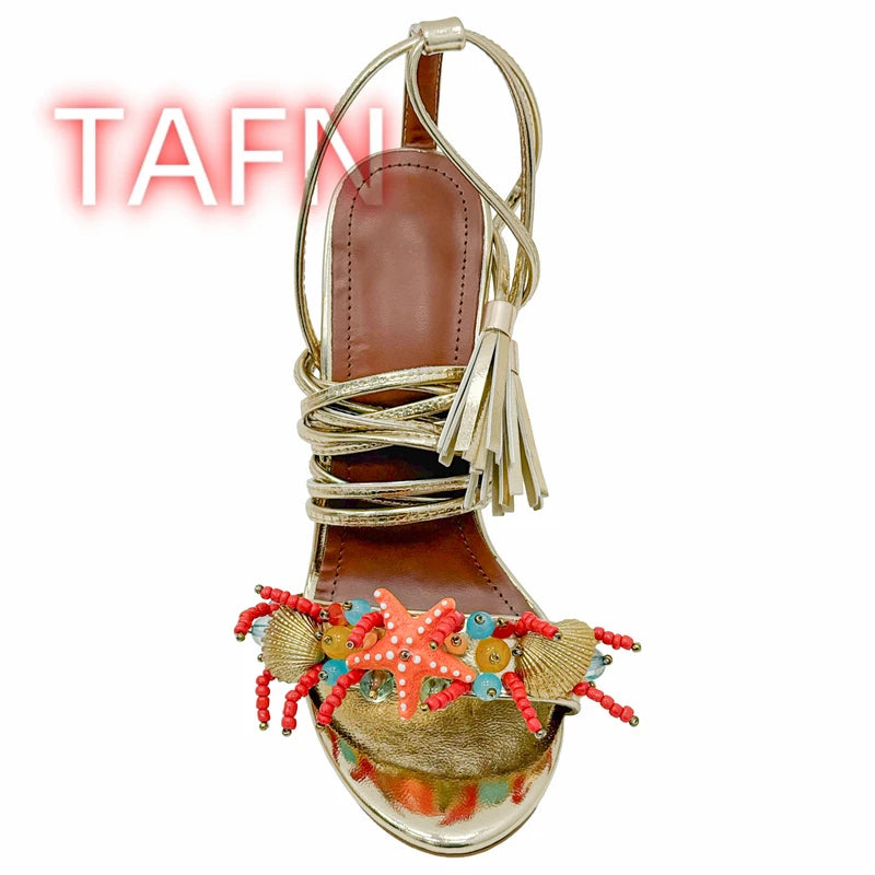 Shell Embellished Starfish Tassels Lace Up Sandals for Women