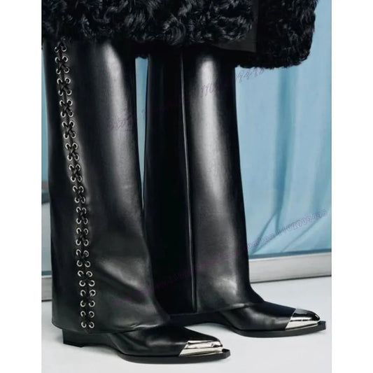 Black Lace Up Wedges Heels Boots Matte Leather Pointed Toe Shoes for Women Fluffy Decor Shark Boot 2025 Zapatos Para Mujere