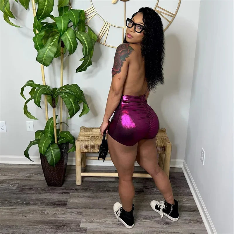 Metallic Deep V Neck Halter Backless Jumpsuit for Women