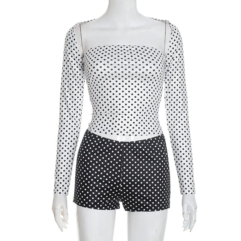 Retro Polka Dot Two Piece Crop Top and Shorts Set for Women