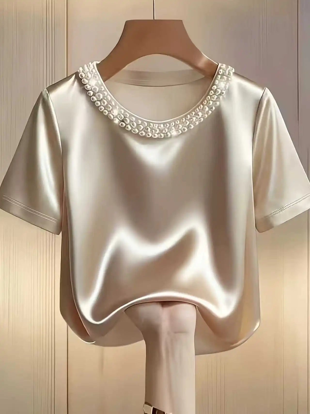 Satin Round Neck Pearl Beaded Decor Short Sleeve Top for Women