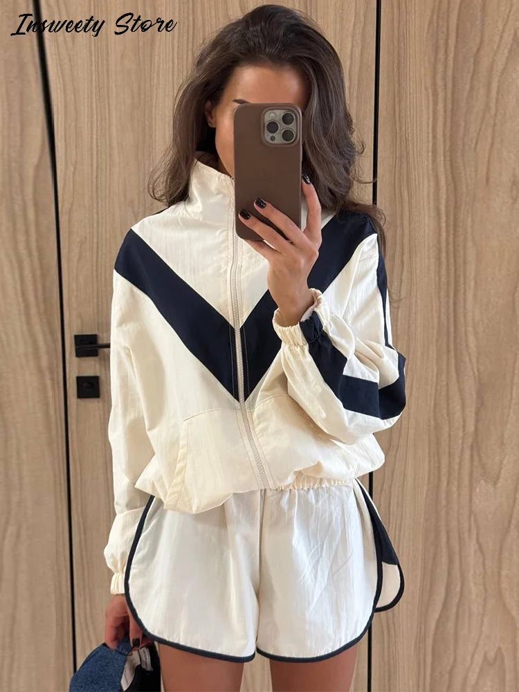 Color Block Zip Jacket and Shorts Tracksuit for Women