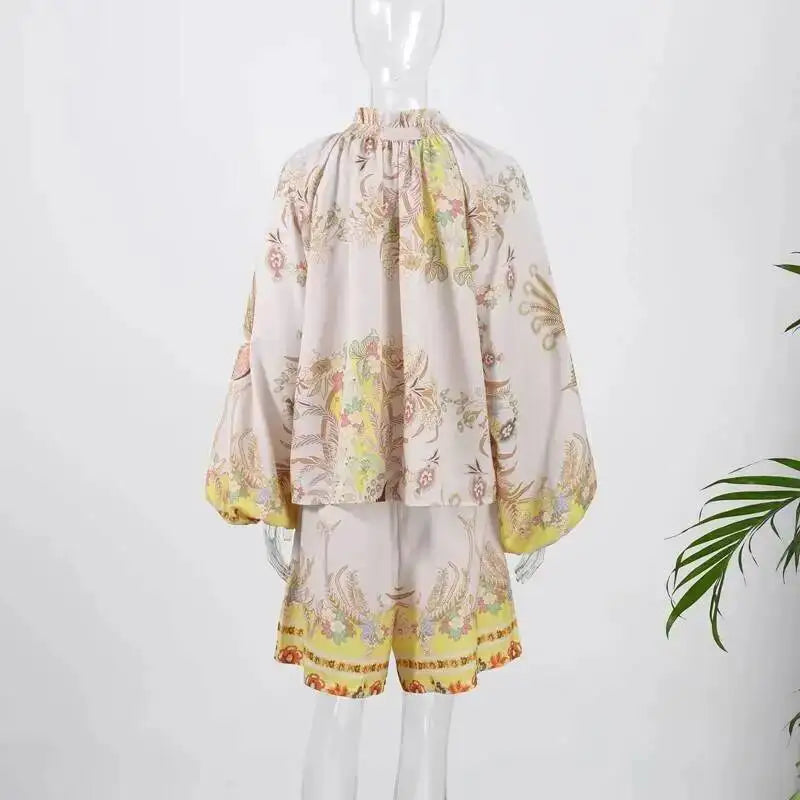 Loose Stand Collar Lantern Sleeve Top and Shorts Set for Women