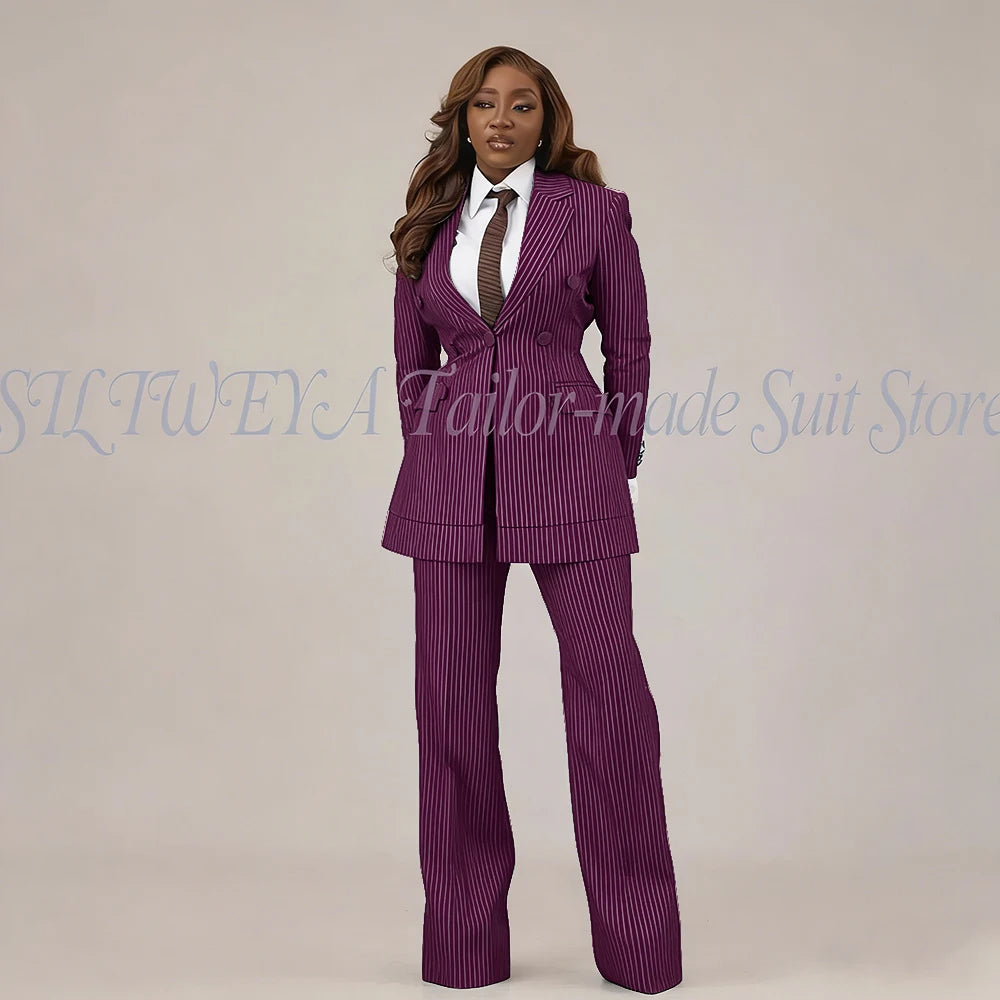 Slim Fit Brown Striped Blazer Set With Pants For Women