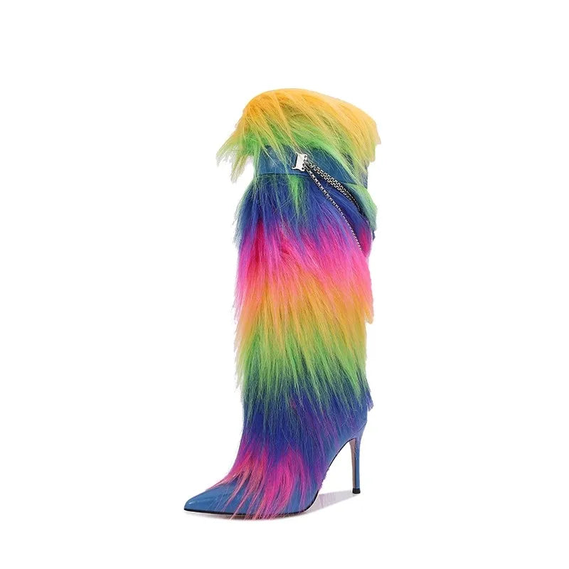 Elegant Faux Fur Knee High Stiletto Boots for Women