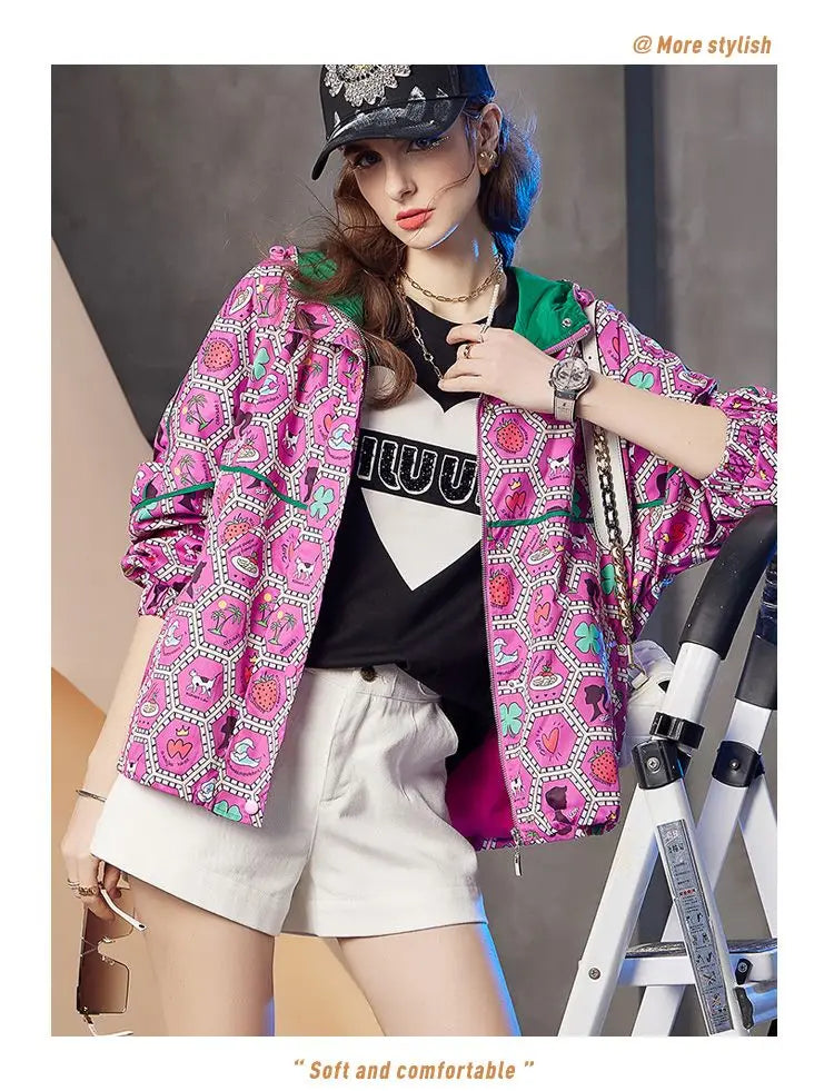 Women's Hooded Zipper Jacket, Casual Outerwear, Loose Tops, Print Doodle Coats, Female Clothing, Autumn, Winter, New