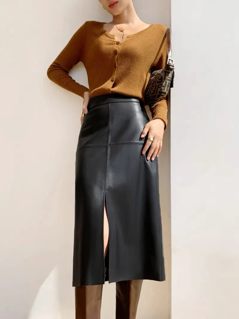 Long Skirts Women High Waist 2025 New Office Ladies Genuine Leather Skirt A-Line