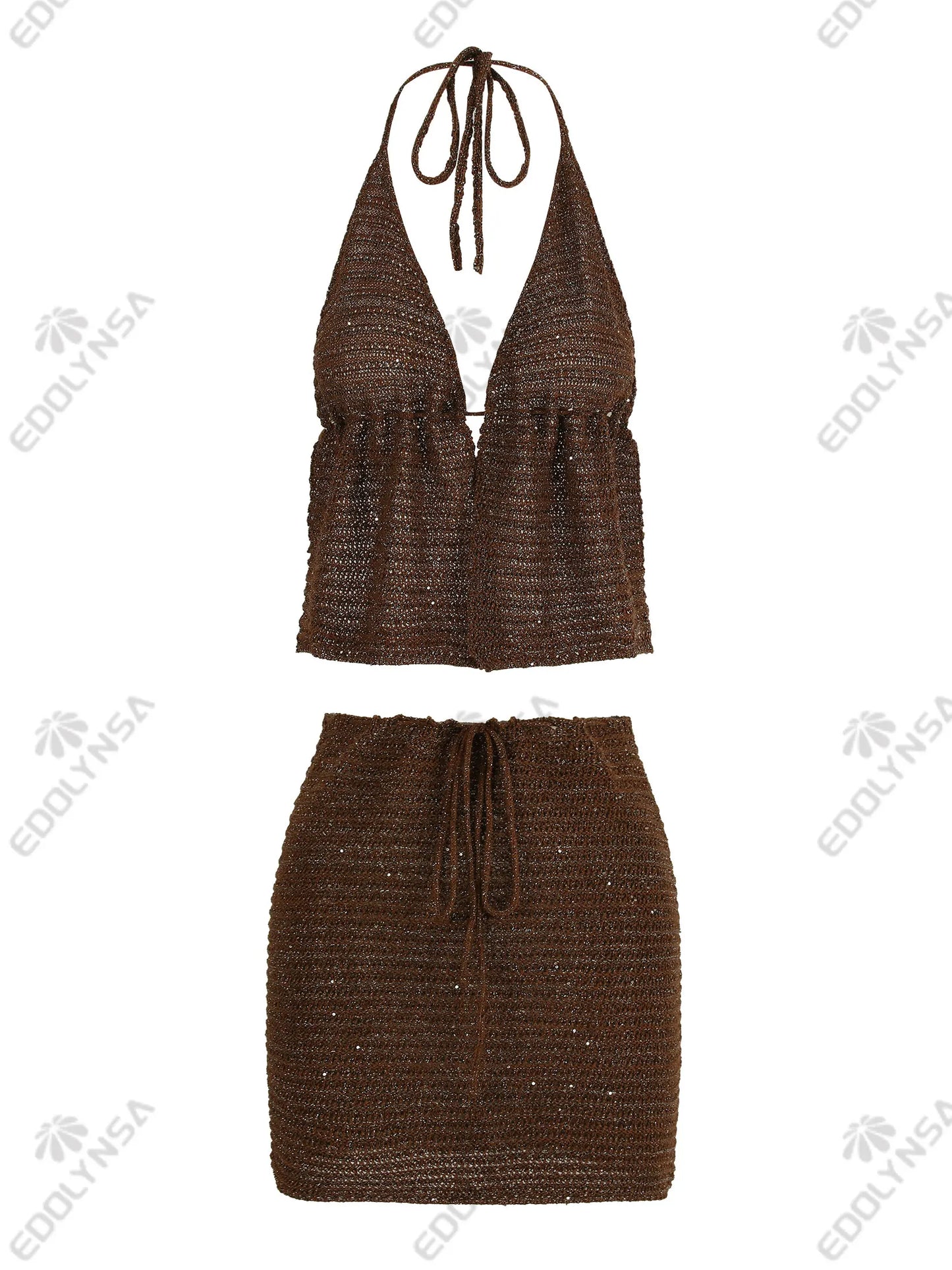 Women Knit Beach Set Sexy Wrap Backless Lace-up Sleeveless Top Mini Skirt 2-piece 2025 Chic Summer Outfit Swimwear Cover Up K153