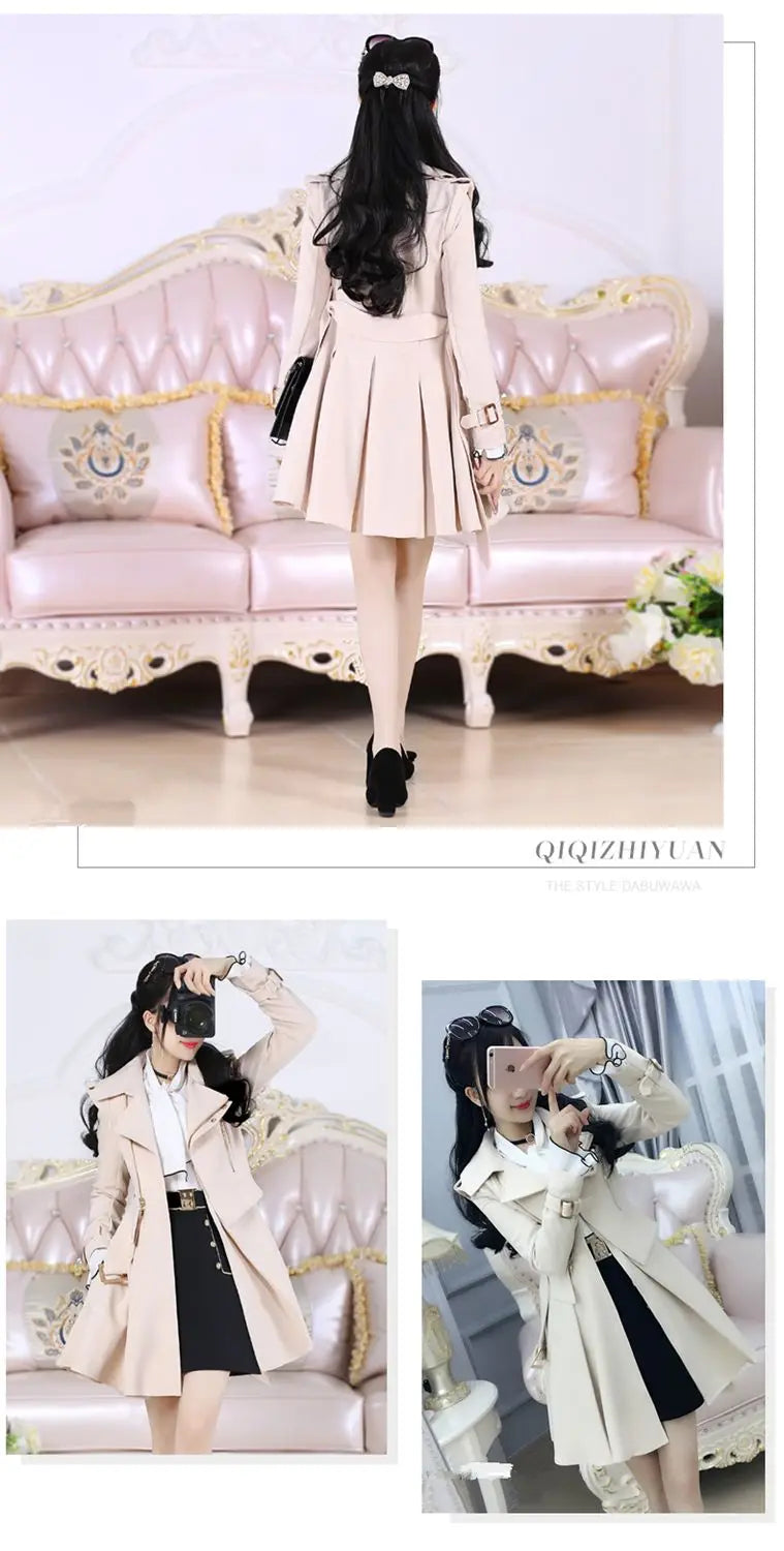 2025 Spring and Autumn Women's Windbreaker Beige British Trench Coat Mid Length Long Sleeved Fashionable Clothing