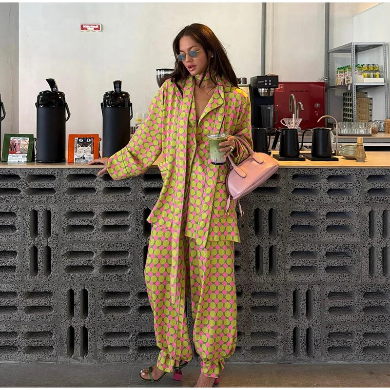 Geometric Printed Wide Leg Loose Pants Set for Women