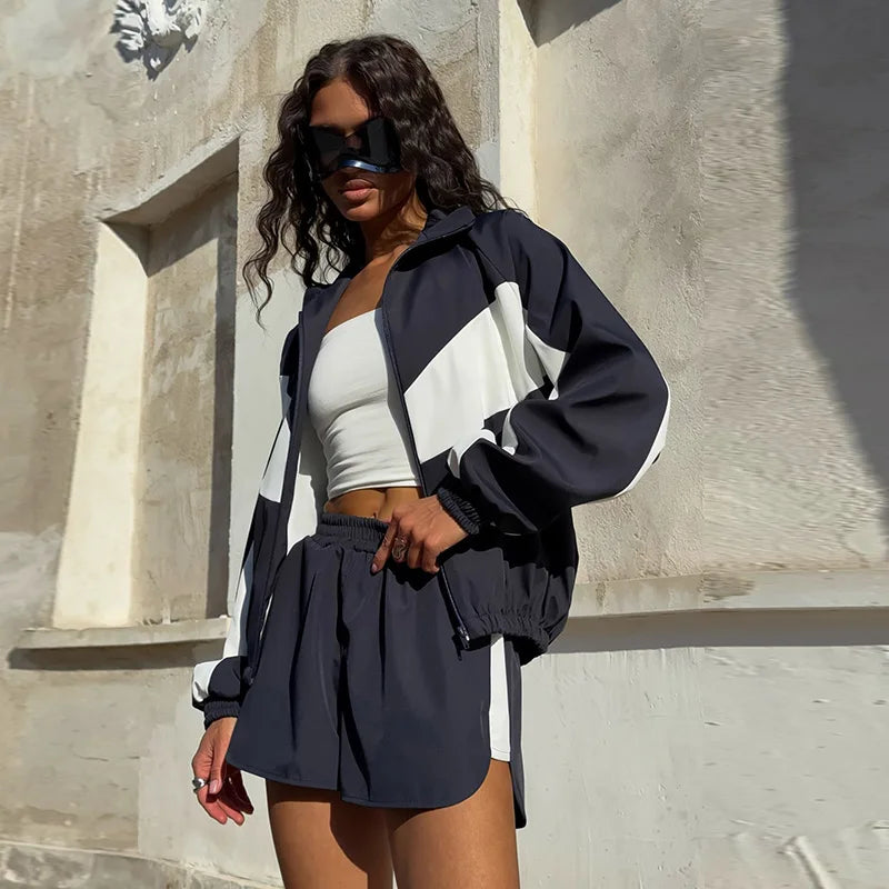Color Block Zip Jacket and Shorts Tracksuit for Women