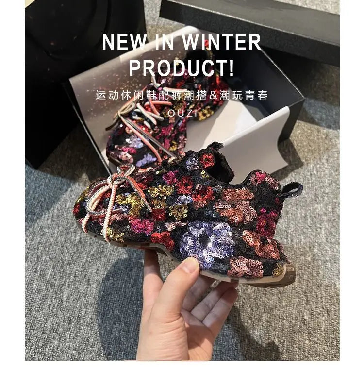 Sparkling Crystal Platform Lace Up Sneakers for Women