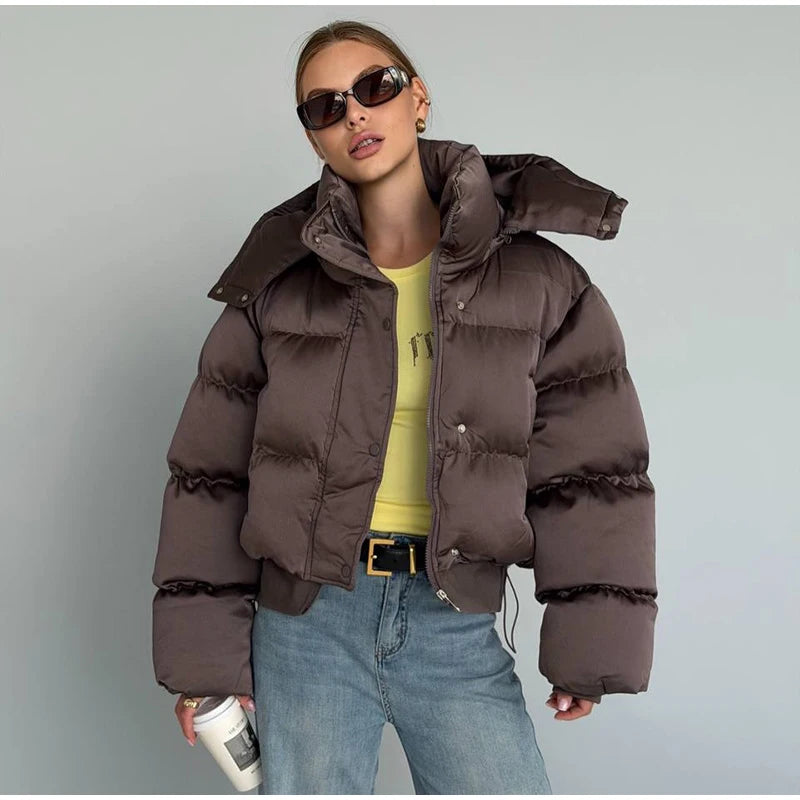 Detachable Hood Cropped Padded Winter Jacket for Women