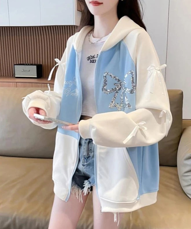 Woman Hooded Tops Bow Y2k Style Kpop Youthful Clothes Sweat-shirt Essential Matching Full Zip Up Hoodies Sweatshirt for Women