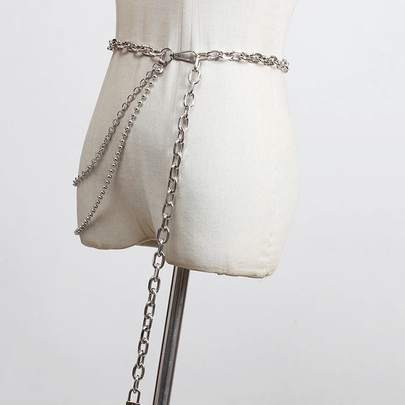 [EAM] Silver Color Metal Chain Long Irregular Belt Personality Women New Fashion Tide All-match Spring Autumn 2025 1DH8768