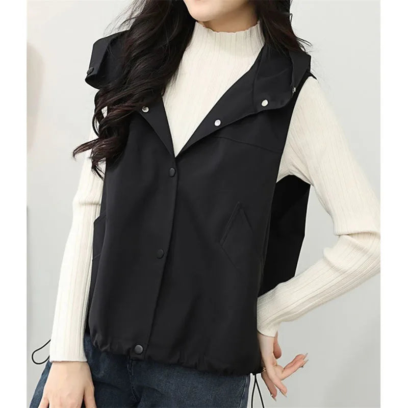 Casual Single Breasted Hooded Sleeveless Vest For Women