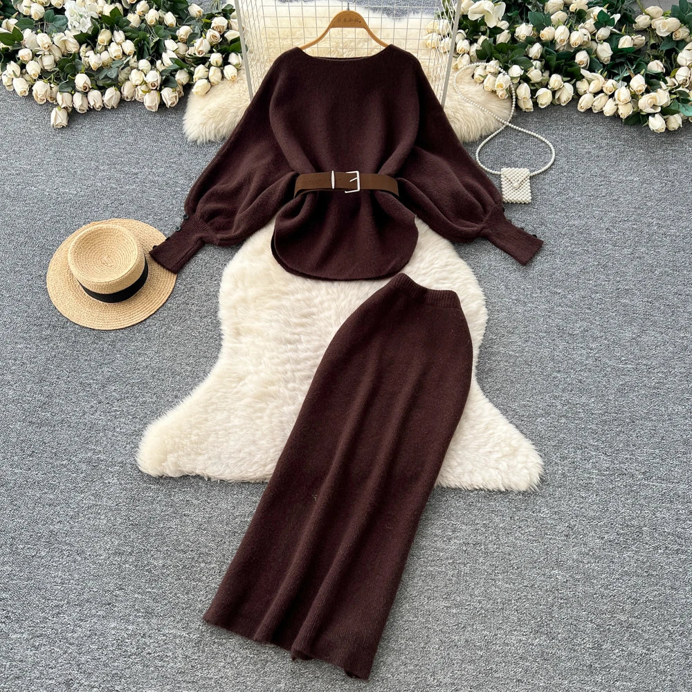 Batwing Sleeve Knit Top and High Waist Skirt Set for Women
