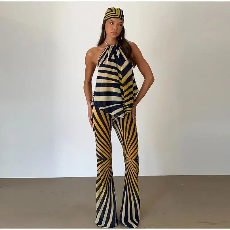 Retro Geometric Stripe Two Piece Set With Halter Top And Flare Pants for Women